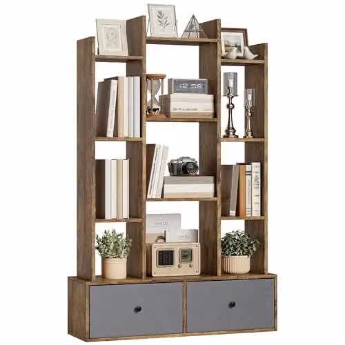 HOMCOM Modern Geometric Tree Bookshelf in Brown with 12 Media Compartments and 2 Drawers, H: 124 cm, W: 80 cm, D: 24 cm