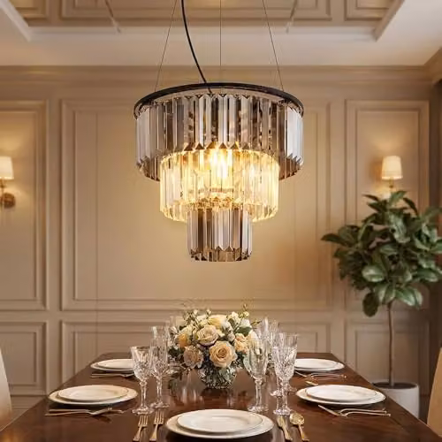 Globo Lighting Black Metal Chandelier Pendant Light with Smoke Glass Crystals and 3 x E27 Bulbs, H 120 cm x W 40 cm x D 40 cm – 2