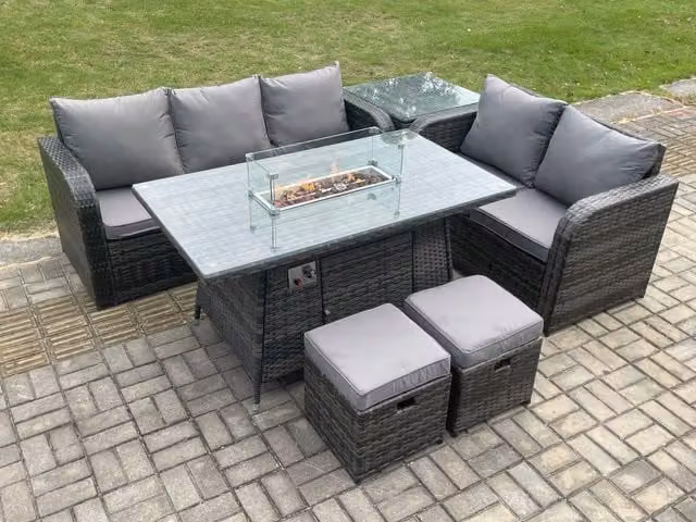 Fimous PE Wicker Rattan Garden Furniture Set in Dark Grey with Propane Gas Fire Pit Table, Sofa, Side Table and 2 Small Footstools
