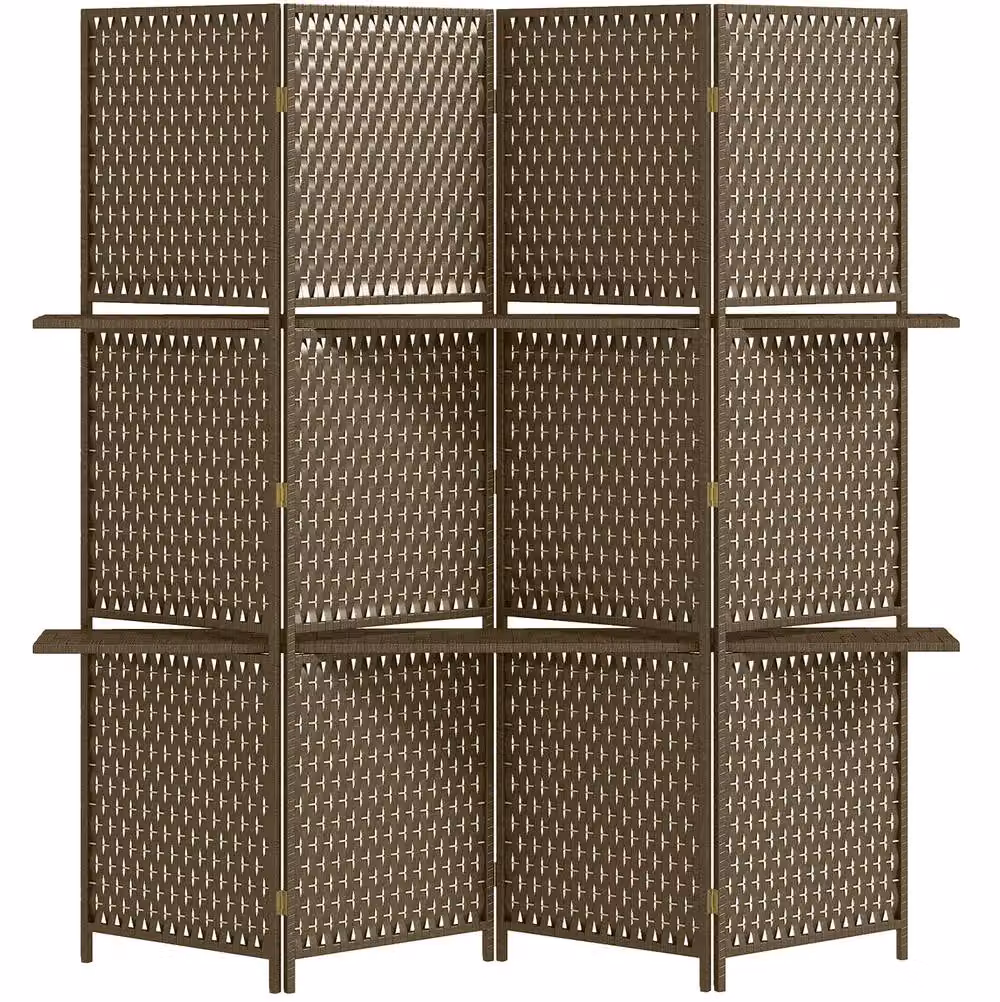 STILVORA 4-Panel Retro Room Divider with Shelves in Brown Wood and Rattan, H 181 cm x W 180 cm – 3