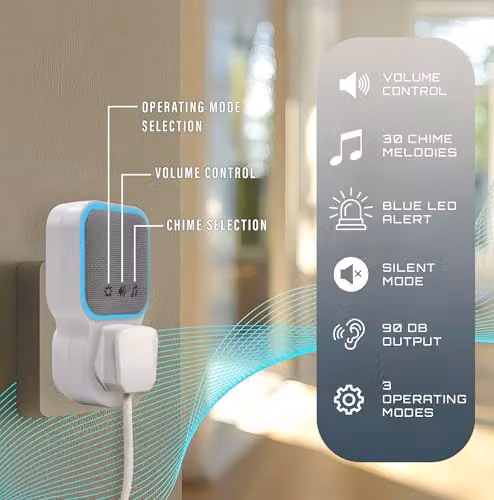 Uni-Com Wireless Plug-Through Door Chime in White with 150m Operating Range, 30 Chimes and LED Alert – 3