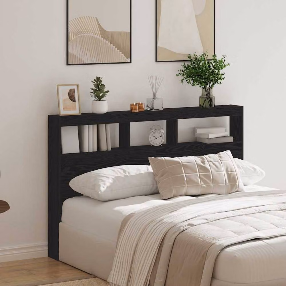 Berkfield Home Modern Black Oak Headboard Cabinet with Integrated LED Lighting, W: 160 cm, D: 17 cm, H: 102 cm – 4