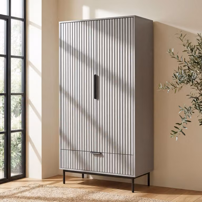 DHS Fluted Painted 2 Door Wardrobe with Drawers and Hanging Rail in Grey, H 180.3 x W 90.0 x D 55.0 cm