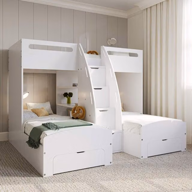 Flair Eddie Modern Triple Bunk Bed with Storage Drawers and Stairs in White