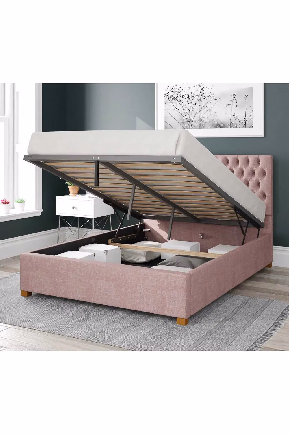 Aspire Nightingale Chesterfield Upholstered Ottoman Storage Bed in Pink, W/D/H: 140 x 200 cm – 2
