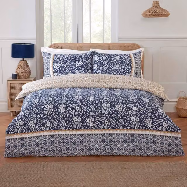 Rapport Home Eleanor Floral Reversible Polyester Duvet Cover and Pillowcase Set, Blue, W: 90 cm, L: 200 cm