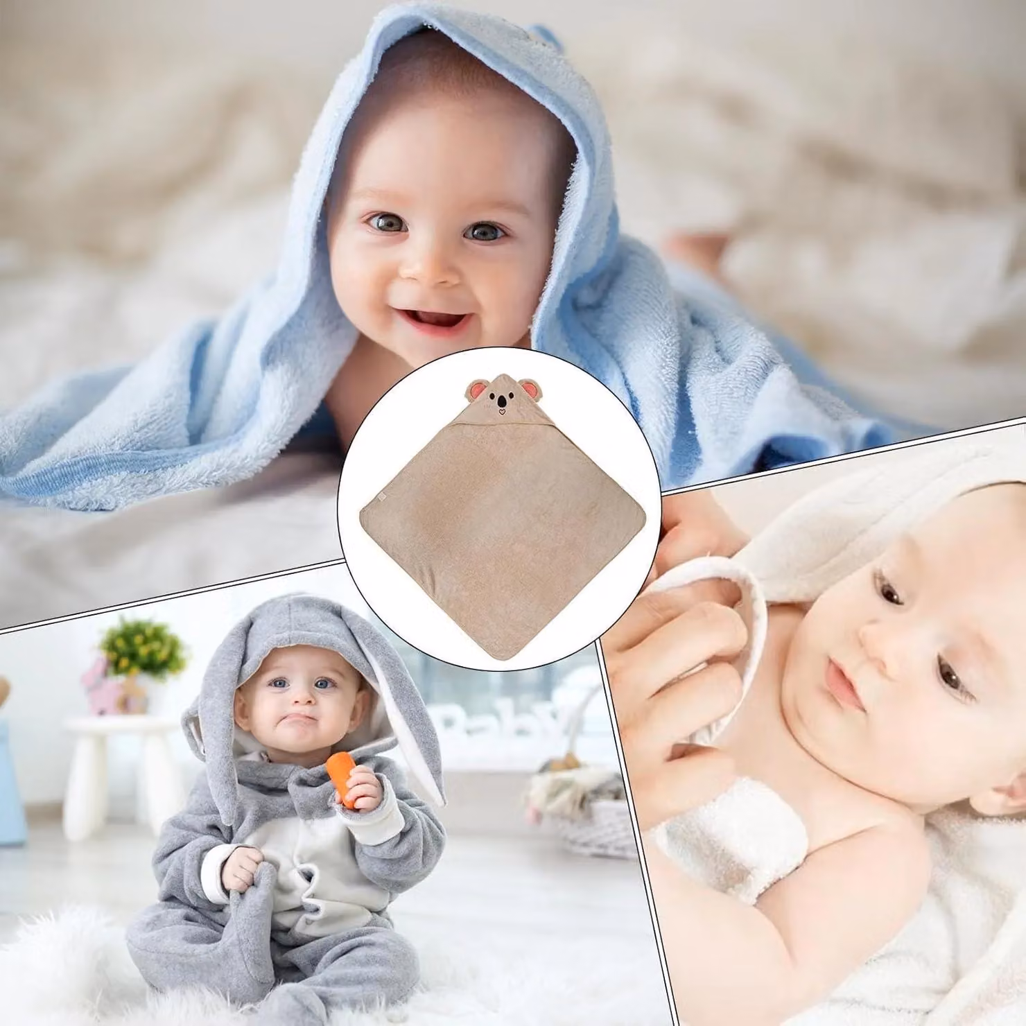 Dyzi Soft Absorbent Microfibre Baby Hooded Bath Towel with Animal Cartoon Design in Light Brown and White – 2