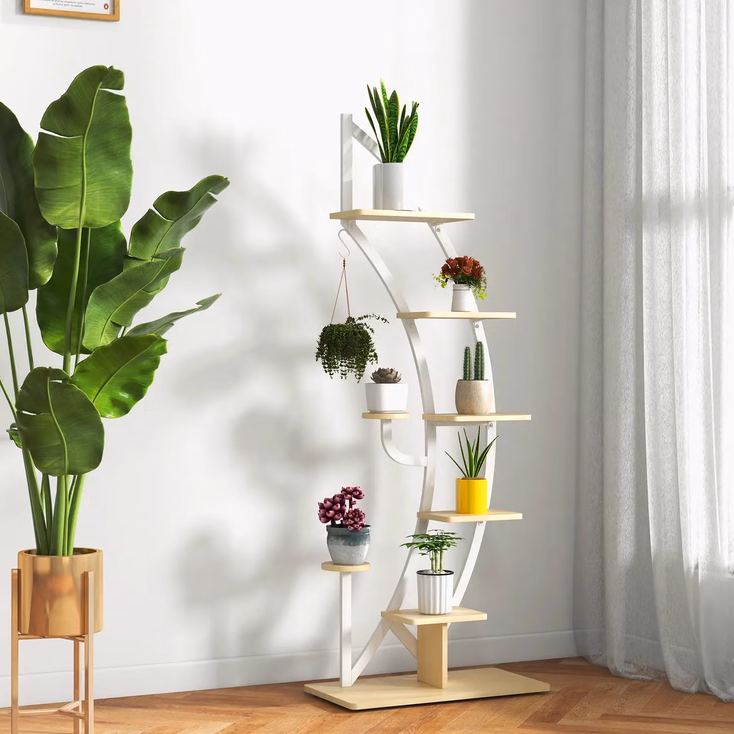 Costway 8-Tier Tall Wooden Plant Stand Rack, Curved Half Moon Shape Ladder Planter Shelf with Top Hook, White – 2