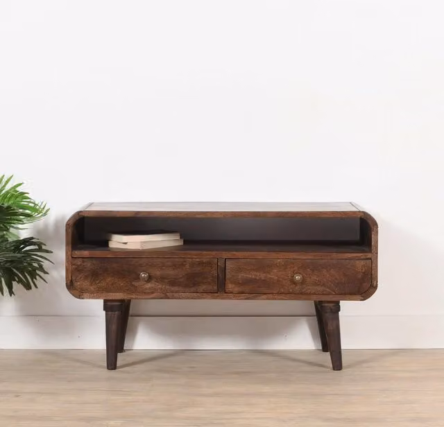 IH Design Malena Dark Mango Wood TV Stand with 2 Drawers in Dark Brown, W/D/H: 90 x 35 x 47 cm – 1