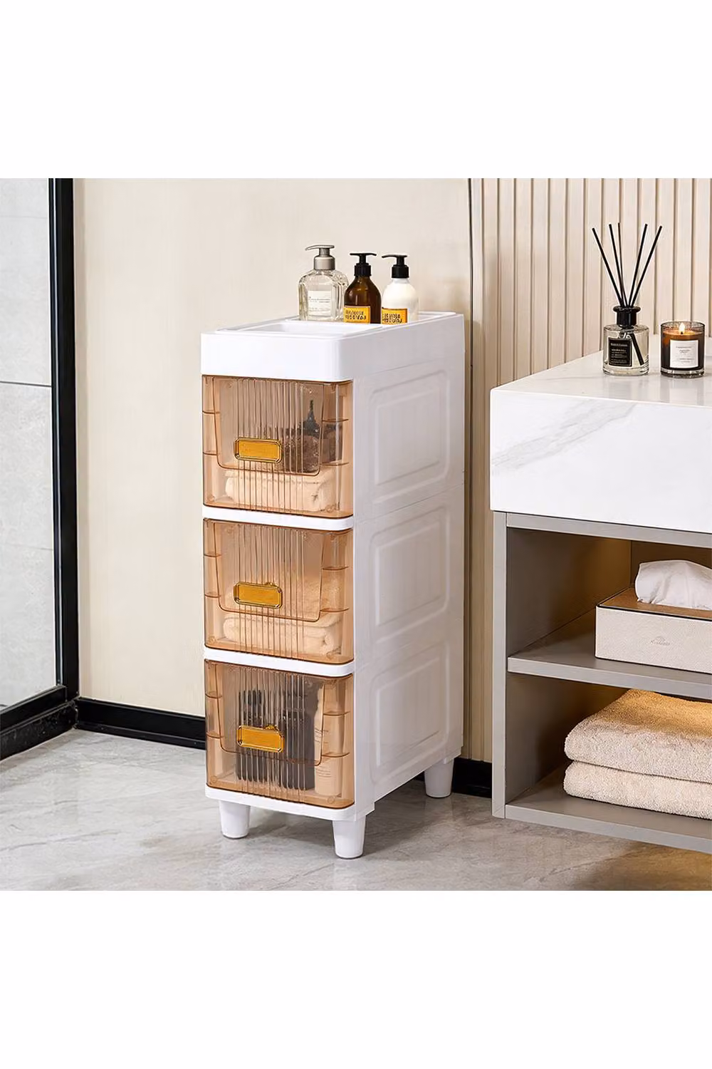 Living and Home White Plastic Narrow Storage Cabinet Drawer Organiser for Bathroom, Kitchen, Living Room or Bedroom, Medium – 2