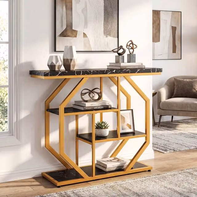 KORVIXA Modern 4-Tier Geometric Console Table in Black with Marble Top, W: 100 cm, H: 80 cm, D: 100 cm – 1