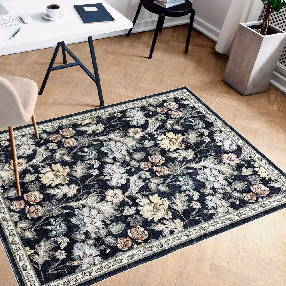 THE RUGS Classical Collection Midnight Florals Black Soft Pile Rug and Runner W: 60 cm, L: 180 cm – 5