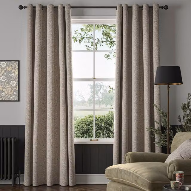 William Morris Willow Bough Floral Blackout Eyelet Curtains in Brown and Beige