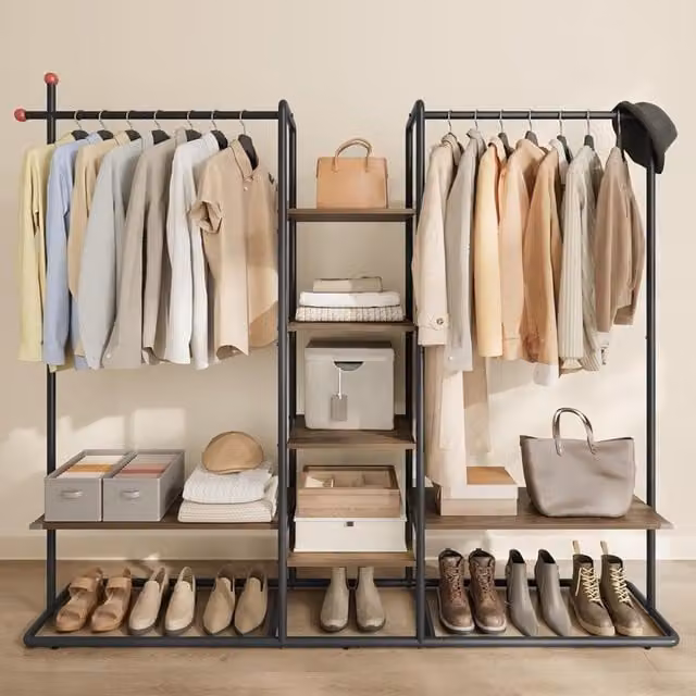 The Bazaarist Heavy Duty Industrial Clothes Rack with 2 Rails and 6 Shelves in Walnut and Black
