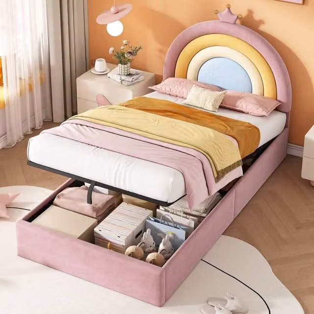 Matteo Single Velvet Upholstered Bed Frame with Hydraulic Lift-Up Storage, Pink, W/D/H: 90 x 200 cm – 1