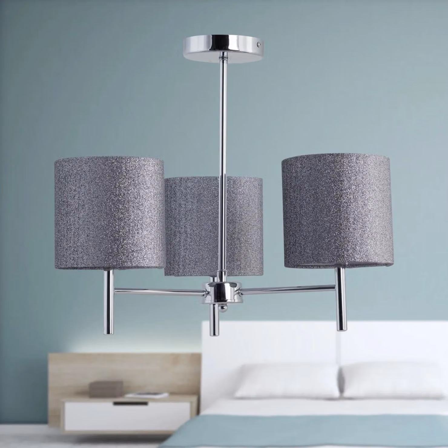 First Choice Lighting Brea Chrome 3 Light Ceiling Fitting with Silver and Grey Fabric Shades – 3
