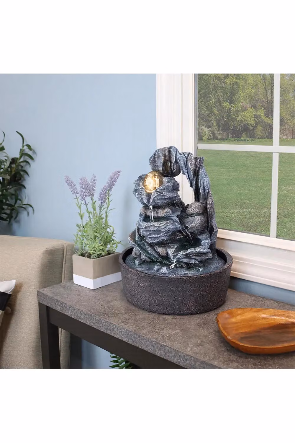 Living and Home Tabletop Waterfall Fountain with LED Lighting in Stone, Beige and Grey – 2