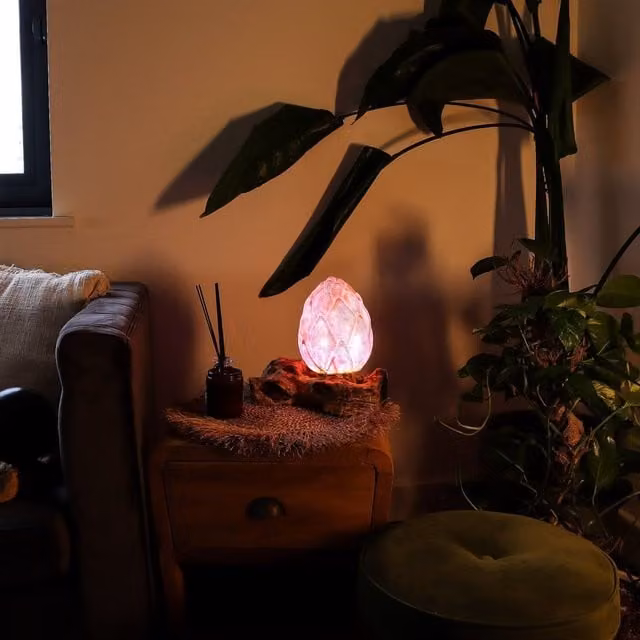 DriftGlow Crackle Lotus Tabletop Lamp in Purple with Natural Wood Shade and LED Bulb