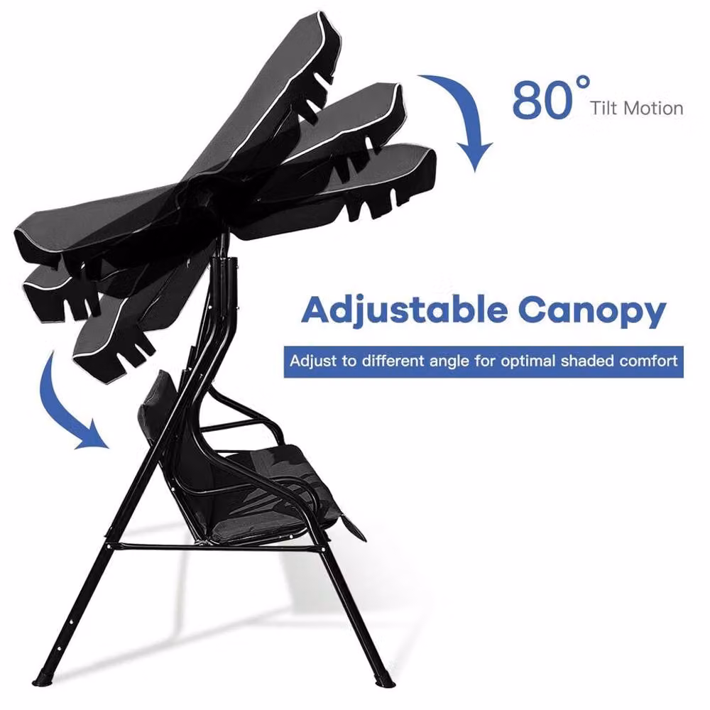 Costway 3 Seater Metal Garden Swing Chair with Sun Canopy and Cushions in Black – 4