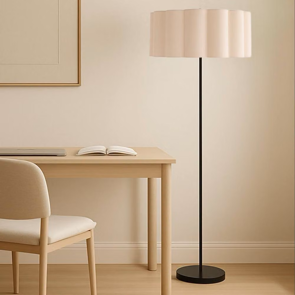 CGC Lighting Lena Matt Black Straight Floor Lamp with Large Scalloped Cream Fabric Lampshade – 2