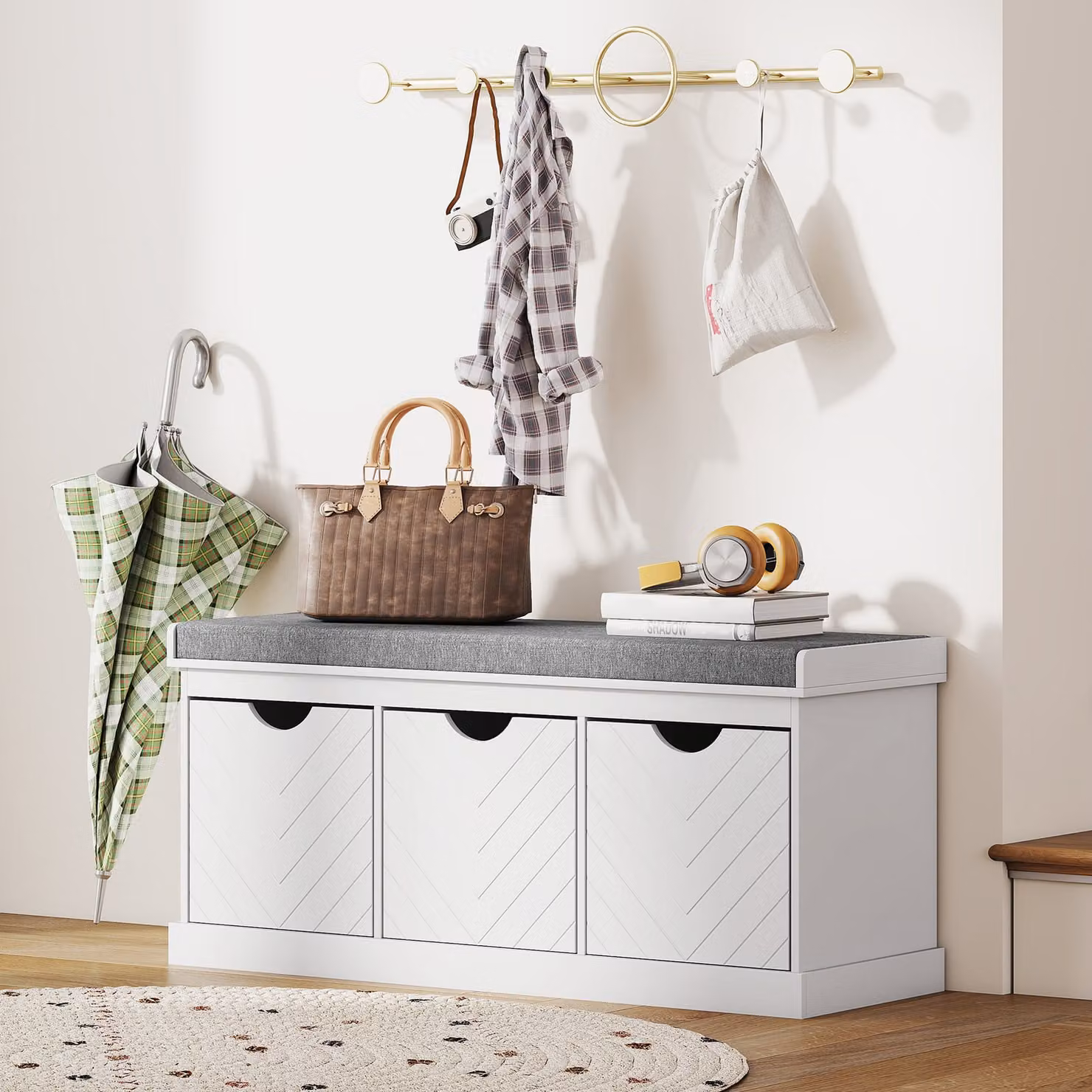 HOMCOM 3-Drawer Padded Shoe Bench in White for Hallway and Living Room, W/D/H: 105 x 47 x 175 cm – 3