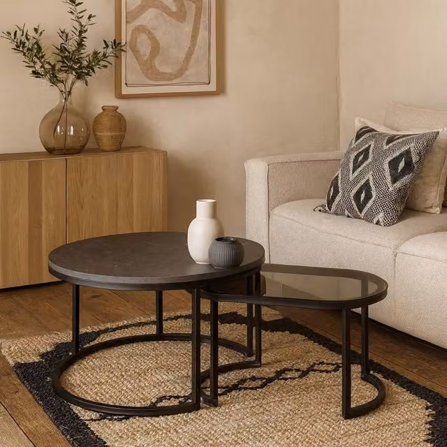 Wyld Haus Reykjavik Nesting Coffee Tables with Black Marble Effect and Grey Glass Tops