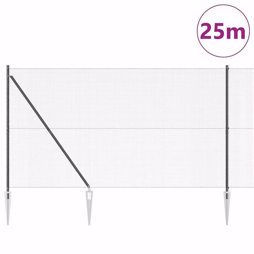 Berkfield Home Grey PVC-Coated Steel Welded Wire Fence with 13 Round In-Ground Spike Posts, W: 25 m, H: 1.6 m – 2