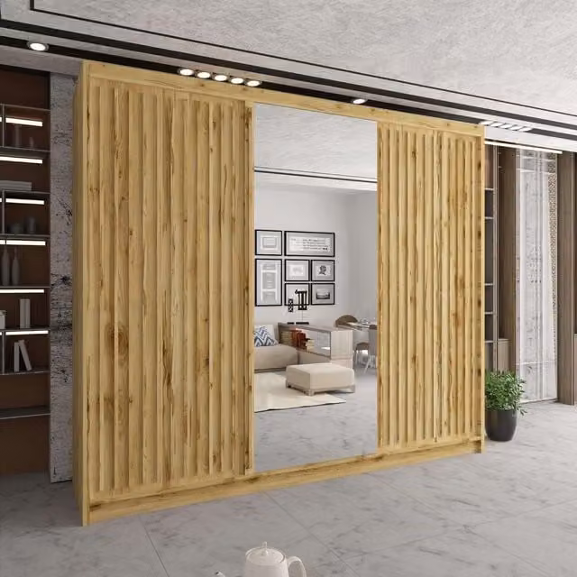Sliding Wardrobes 4U Sleek Modern Mirror Sliding Wardrobe with LED Lighting in Brown, W250 cm x H217 cm