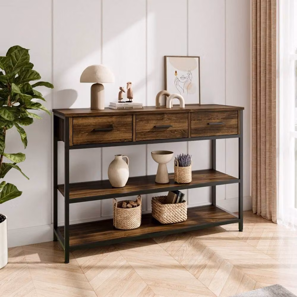 KORVIXA Retro Console Table with 3 Drawers in Brown – 3