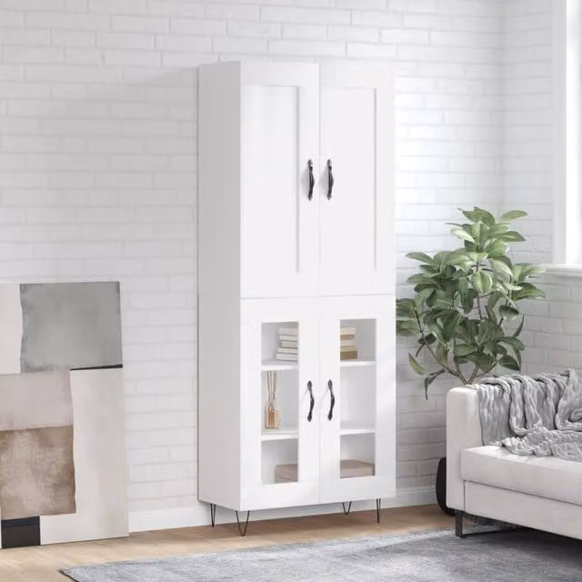 Berkfield Home Modern White Highboard with Glass Doors, W/D/H: 69.5 x 34 x 180 cm