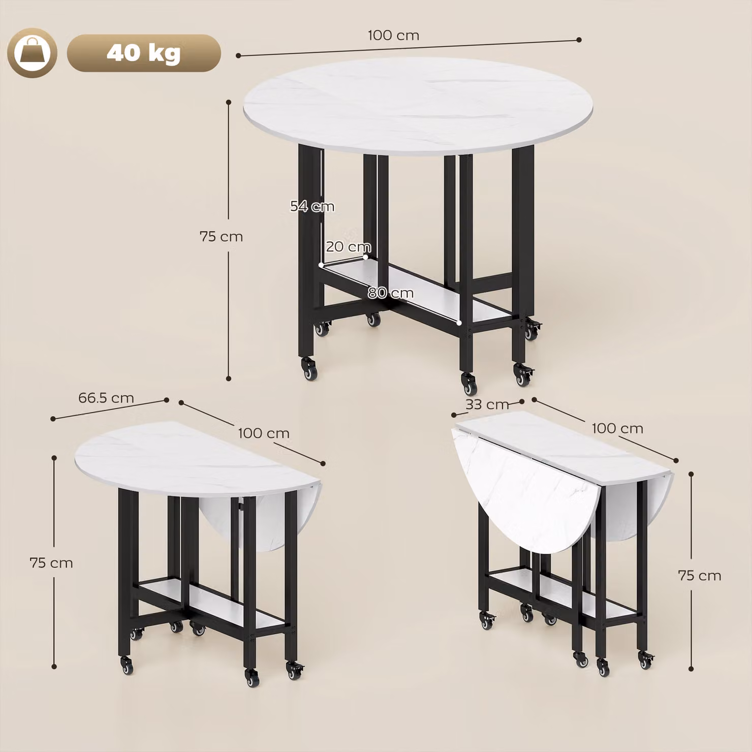HOMCOM White Marble Drop Leaf Folding Dining Table with Open Shelf and Castors – 3