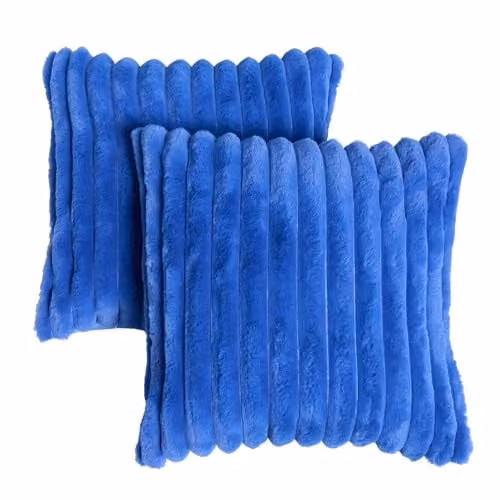 OHS Set of 2 Cobalt Blue Faux Fur Thick Ribbed Square Cushion Covers, 45 x 45 cm