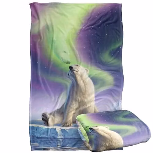 JQ Licensing Jlo Polar Bear Aurora Northern Lights Super Soft Silky Touch Fleece Throw Blanket, Multicolour, W/D/H: 91 x 147 cm – 1