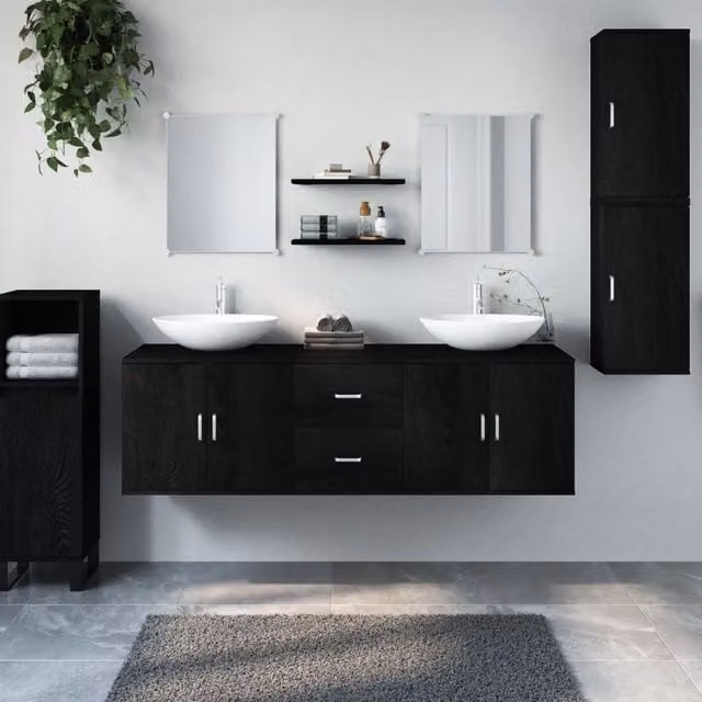 Berkfield Home 7 Piece Black Modern Bathroom Furniture Set with Vanity Unit and MDF Construction