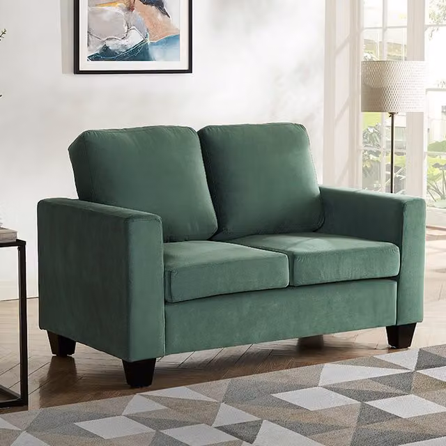 Enzo 2 Seater Sofa in Green with Solid Wood Frame and Upholstered Fabric