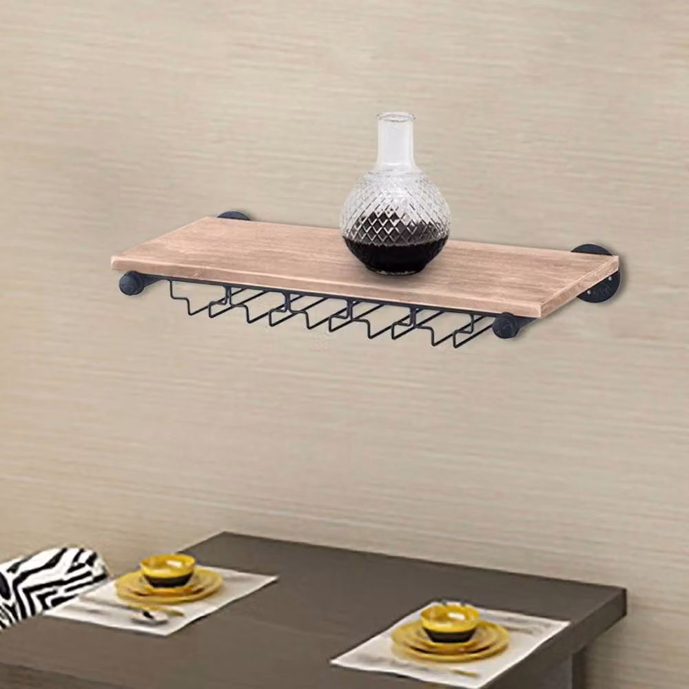 Ventryn Industrial Wall Mounted Floating Wine Rack and Glass Holder in Brown – 2