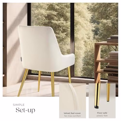 tectake Set of 4 Modern Dining Chairs with Armrests in Beige Velvet Look and Gold Metal Legs – 3