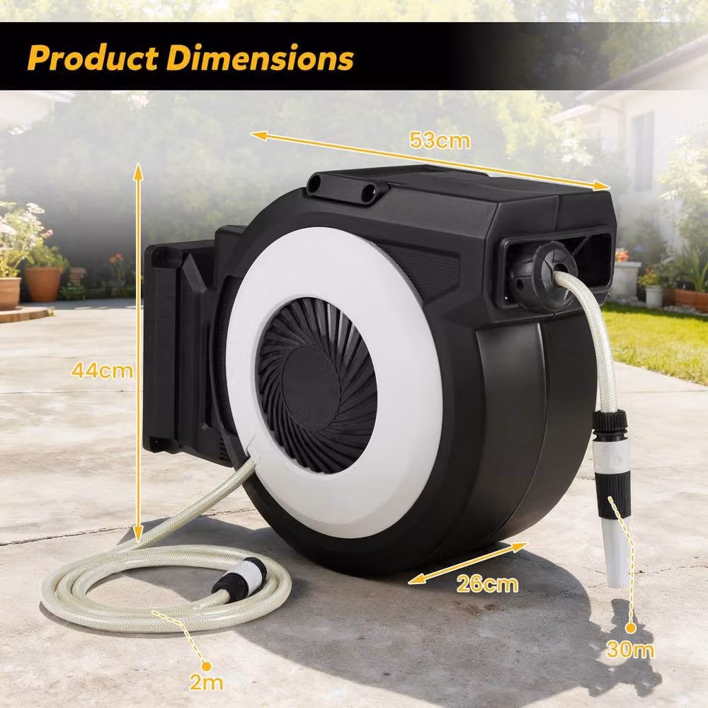 Costway Retractable Wall-Mounted Garden Hose Reel in Black with 30 m Hose and 2 m Lead-in Hose – 9