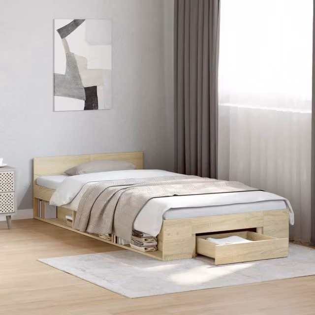 Berkfield Home Modern Bed Frame with Drawers in Sonoma Oak and Brown, W/D/H: 90 x 200 cm