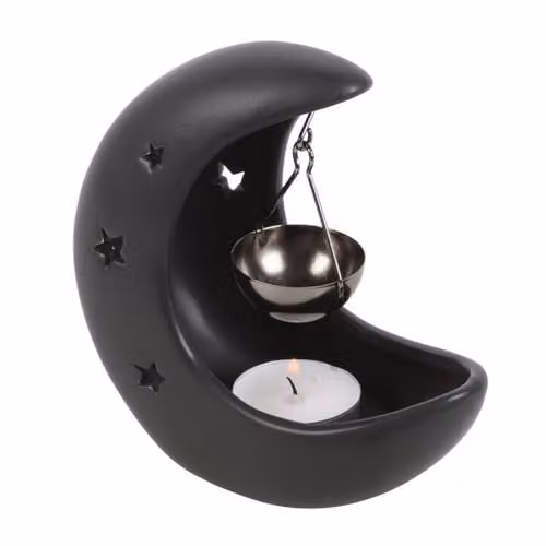 Something Different Black Crescent Moon Hanging Metal and Ceramic Oil Burner and Tealight Holder – 1