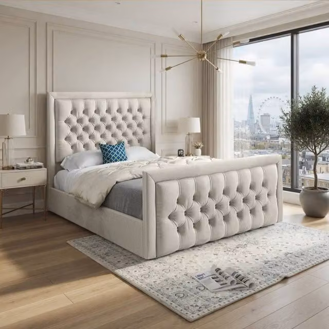 KDMD Swanscombe Upholstered Designer Bed Frame in Beige Velvet, W/D/H: 200 x 137 x 189 cm – 1