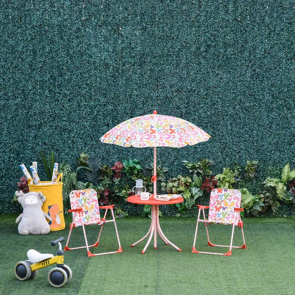 STILVORA Kids Outdoor Table and Chair Set with Parasol in Floral Multicolour – 3