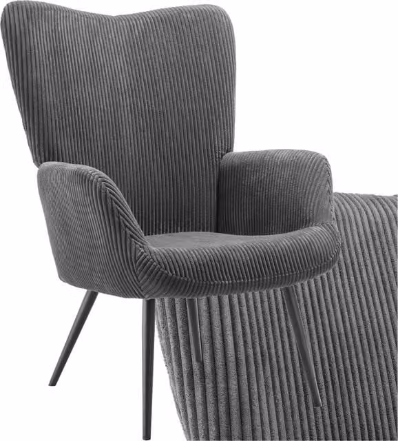 tectake Hygge Scandinavian Lounge Armchair with Integrated Ottoman in Anthracite and Black Cord Bouclé Fabric