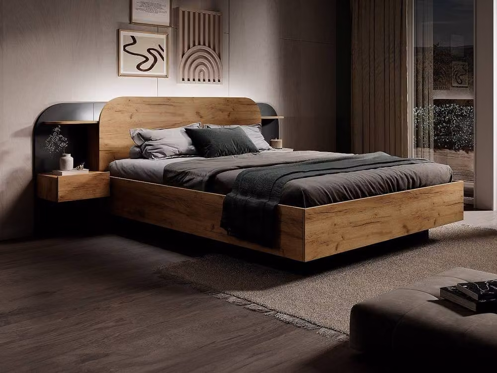 JUVISIA Modern Double Bed Frame with Bedside Shelves and Under-bed LED Lighting, Black and Brown, W/D/H: 160 x 200 x 223 cm – 3