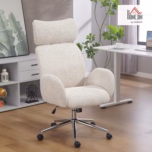 HOMCOM Ergonomic High Back Office Chair with Adjustable Headrest in Grey Bouclé Fabric – 2