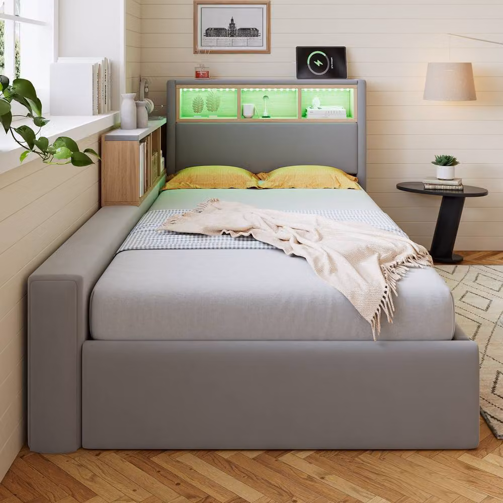 Merax Grey Velvet L-Shaped Single Daybed with LED Lighting, USB Charging Port and Storage, W/D/H: 190 x 90 x 150 cm – 3