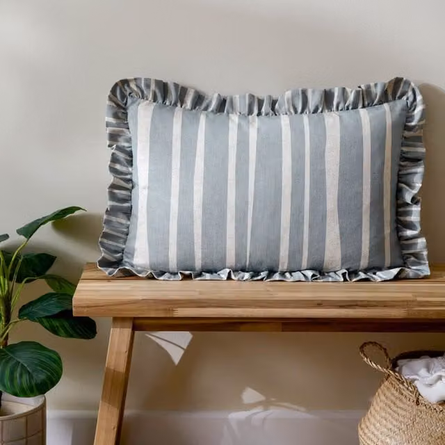 furn Carmon Striped Ruffle Cushion in Blue Linen and Polyester, W: 60 cm, H: 40 cm – 1