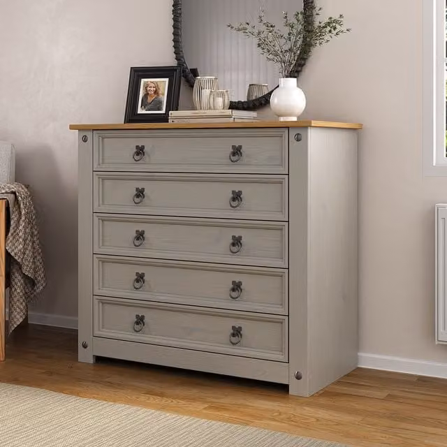 Mews Rustic Grey Waxed Pine 5 Drawer Chest of Drawers