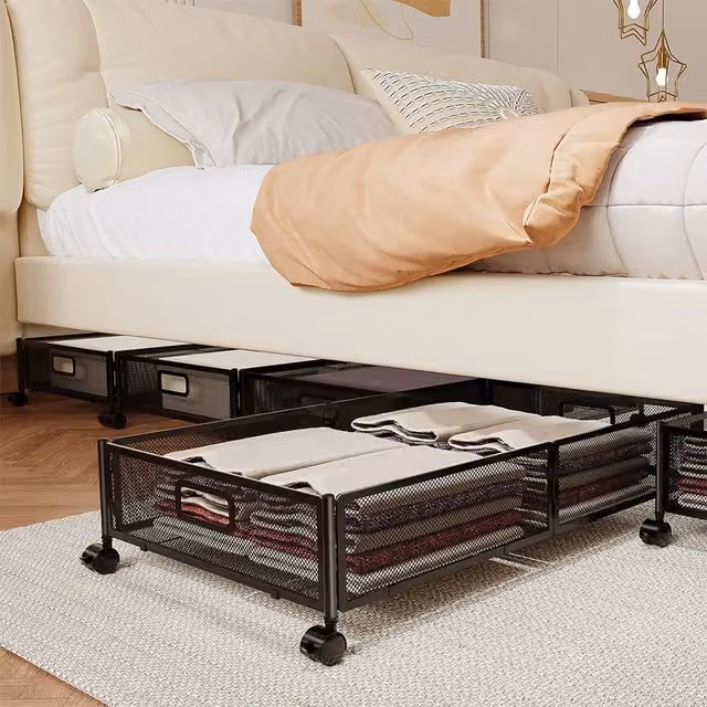 Livingandome Foldable Metal Mesh Underbed Storage Container with Wheels, Black