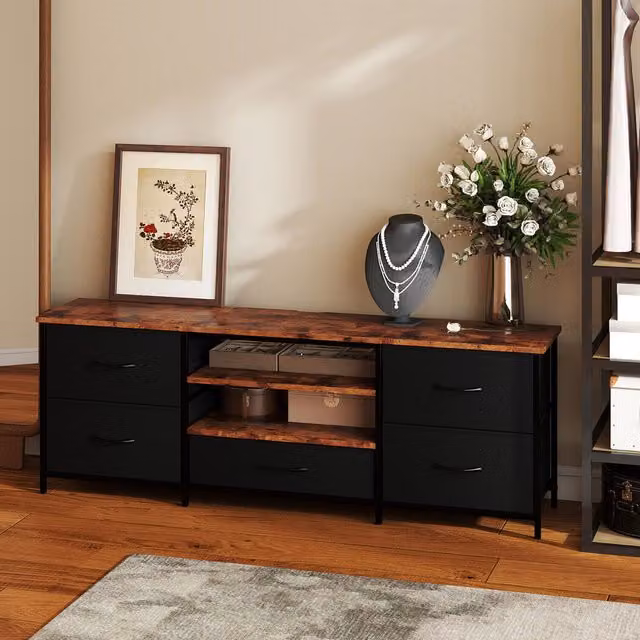 Levede Modern Wood and Metal TV Stand Cabinet Entertainment Unit in Brown and Black, Width: 140 cm